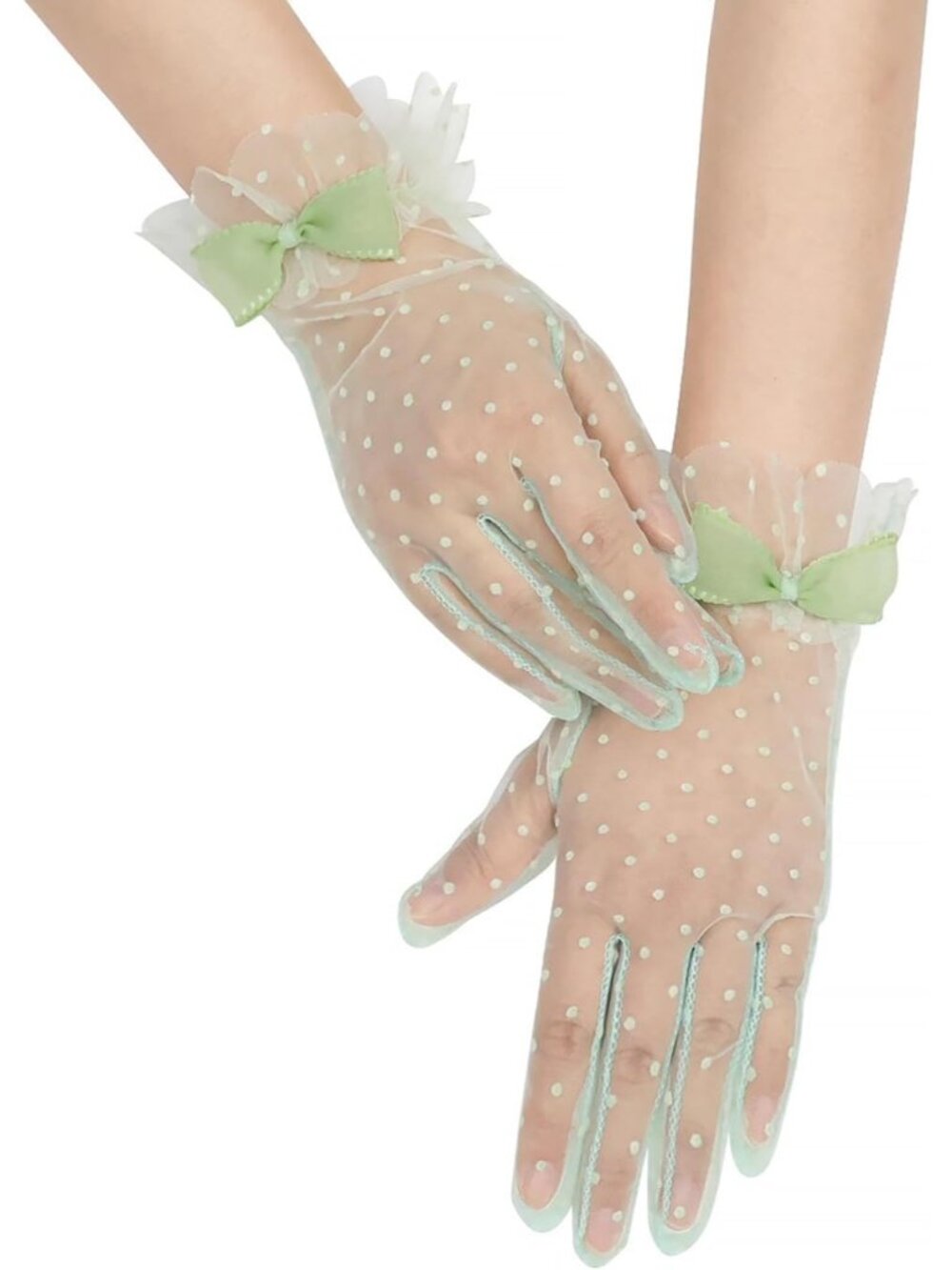 Women Sage Green 1920s Cocktail Opera Wrist Length Tulle Short Sheer Mesh Gloves